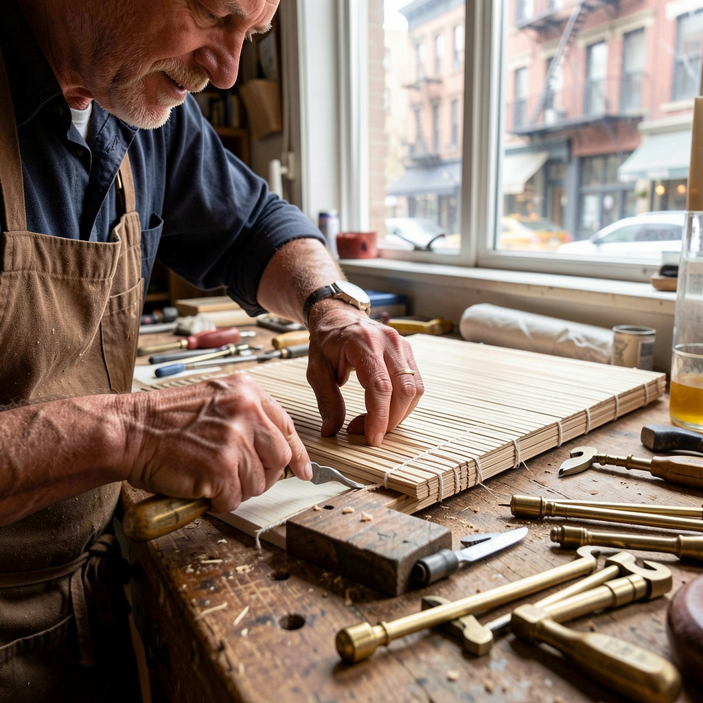 Master craftsman creating custom window blinds in New York workshop